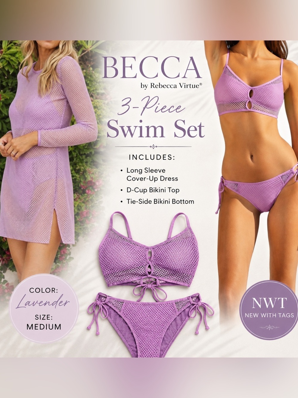 BECCA by Rebecca Virtue Lavender Networks 3-Piece Set Coverup/Bikini NWT Medium